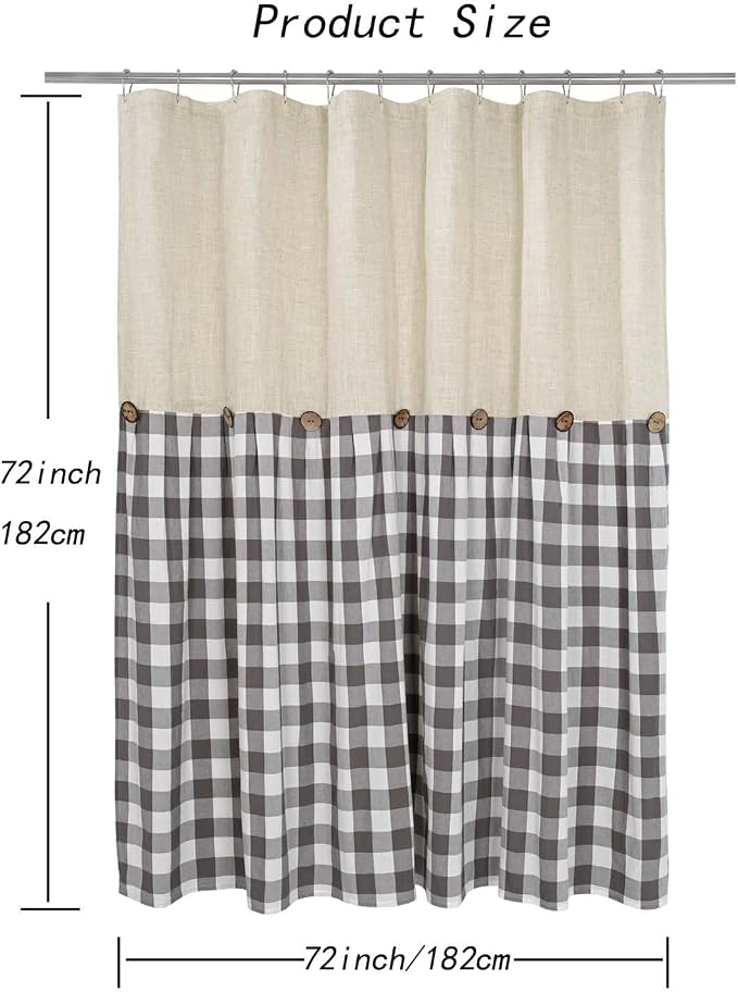 DOSLY Ides Linen Button Farmhouse Shower Curtain, Linen and Cotton Fabric, Pleated Gray and White Buffalo Plaid Checked Pattern, Country Style, 72x72 in