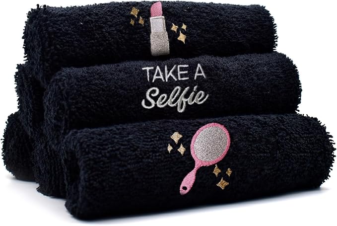 DAN River Black Makeup Towels - Pack of 6 (13x13 in) - Ultra Soft Cotton Face Towels with Embroidery - Reusable, Quick-Dry & Machine Washable Makeup Remover Cloths for Bathroom, Spa & Salon