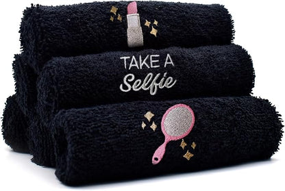 DAN River Black Makeup Towels - Pack of 6 (13x13 in) - Ultra Soft Cotton Face Towels with Embroidery - Reusable, Quick-Dry & Machine Washable Makeup Remover Cloths for Bathroom, Spa & Salon