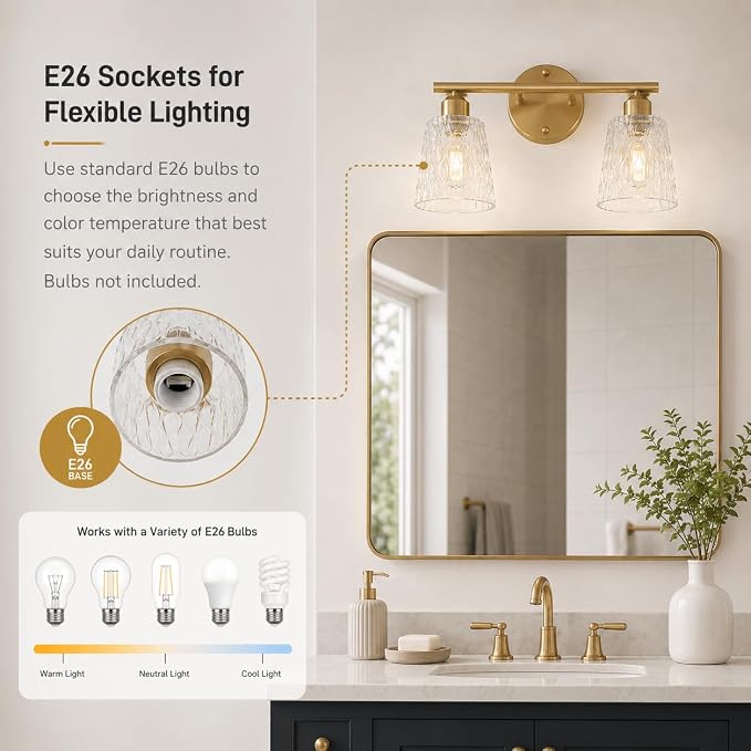 Brushed Gold Bathroom Vanity Light Over Mirror, 2-Light Stainless Steel Wall Mount Fixture with Textured Glass Shades, Modern Vanity Lighting, E26 Sockets (Bulbs Not Included)