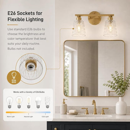 Brushed Gold Bathroom Vanity Light Over Mirror, 2-Light Stainless Steel Wall Mount Fixture with Textured Glass Shades, Modern Vanity Lighting, E26 Sockets (Bulbs Not Included)