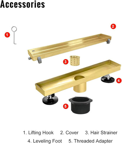SaniteModar Linear Shower Drain 12 inch Brushed Gold with Tile Insert Panel | AISI 304 Stainless Steel Brushed Gold Linear Dain Rectangle Shower Floor Drain with Hair Strainer and Leveling Feet