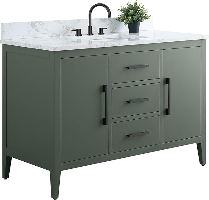 HomeBeyond 48 Inch Bathroom Vanity with Sink & Ceramic Top, Single Vanity Cabinet with Basin, Soft-Closing Doors & Matte Black Hardware, Vintage Green