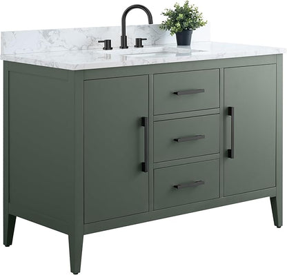 HomeBeyond 48 Inch Bathroom Vanity with Sink & Ceramic Top, Single Vanity Cabinet with Basin, Soft-Closing Doors & Matte Black Hardware, Vintage Green