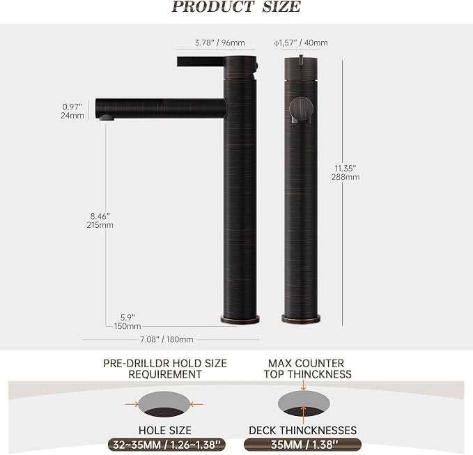 One Hole High Bathroom Vessel Sink Faucet, Oil Rubbed Bronze Single Hole Single Handle Tall Bathroom Faucet, with Pop Up Drain and Water Supply Line,FH01-ORB-V