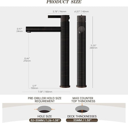 One Hole High Bathroom Vessel Sink Faucet, Oil Rubbed Bronze Single Hole Single Handle Tall Bathroom Faucet, with Pop Up Drain and Water Supply Line,FH01-ORB-V