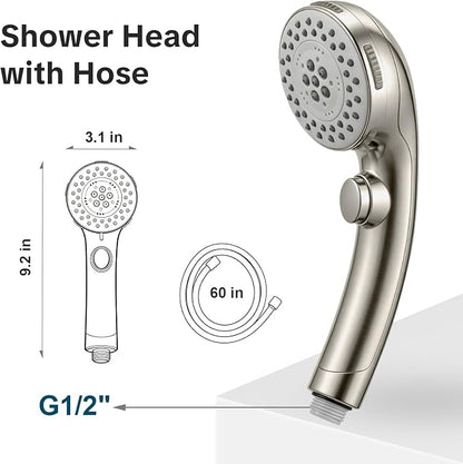 OFFO Shower Head with Hose, 5 Mode Handheld Shower Head with On Off Switch for Water Saving, High Flow Powerful Boosting Showerheads with 60" Stainless Steel Hose, Brushed Nickel