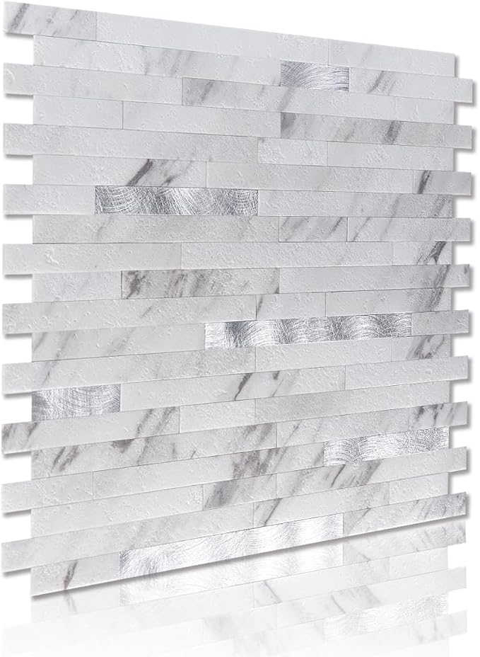 Art3d Faux Stone Peel & Stick Backsplash Tile, 10 pcs, Silver Trim Volakas | PVC, Multi-Style Decor Sheets, Waterproof, Traceless Peel, No Wall Damage, Ideal for Kitchen