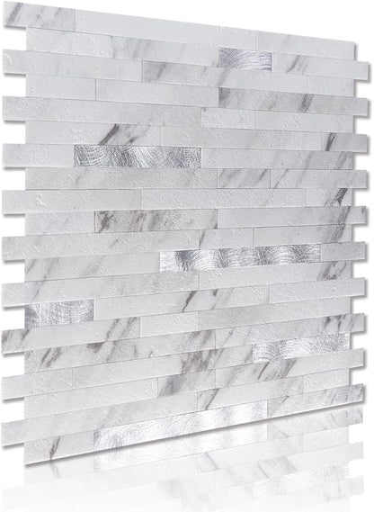 Art3d Faux Stone Peel & Stick Backsplash Tile, 10 pcs, Silver Trim Volakas | PVC, Multi-Style Decor Sheets, Waterproof, Traceless Peel, No Wall Damage, Ideal for Kitchen
