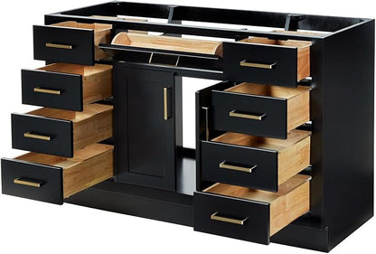 ARIEL Hepburn 54-inch Bathroom Vanity Base Cabinet,Solid Wood, 2 Soft Closing Doors, 9 Dovetail Drawers, Black