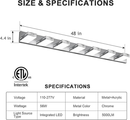 LED Modern Bathroom Vanity Light Fixtures, 7-Light 48-inch Dimmable Chrome Vanity Lights for Bathroom Lighting Fixtures Over Mirror, with 350° Rotatable Heads (Cool White 6000K)