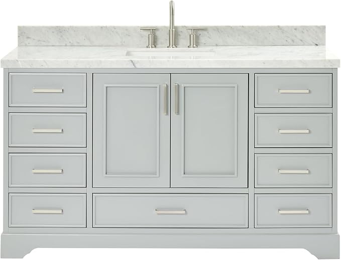 Langford 60-inch Grey Bathroom Vanity with Center Rectangle Single Sink, Italian Carrara Marble Countertop & Backsplash, Solid Wood Frame, Soft-Closing & Dovetail Drawers