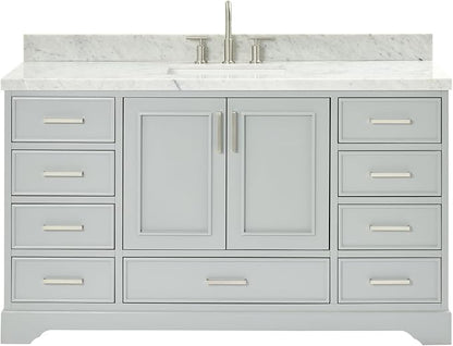 Langford 60-inch Grey Bathroom Vanity with Center Rectangle Single Sink, Italian Carrara Marble Countertop & Backsplash, Solid Wood Frame, Soft-Closing & Dovetail Drawers