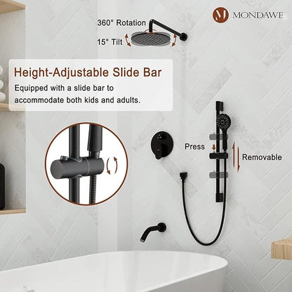 MONDAWE 9 Inch Wall Mounted Shower Faucet Set with Tub Spout in Oil Rubbed Bronze, Rainfall Shower Head with 3-Setting Handheld Spray Shower Combo, High Pressure Shower System with Solid Brass Valve