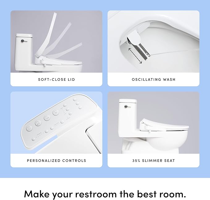TUSHY Cloud Electronic Bidet Heated Toilet Seat | Instant Warm Water, Adjustable Air Dryer, Soft Close Lid and Seat & Night Light (Self Cleaning Nozzle and Water Filter), Elongated