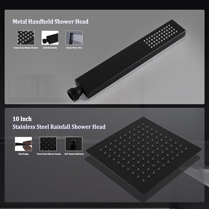 All Metal Rain Shower Head with Handheld Combo, YDmeet 10 Inch Rainfall Shower Head, Stainless Steel Hand Wand, 3 Setting Diverter, Adjustable Extension Arm w/Lock Joints, 71" Extra Long Hose, Black