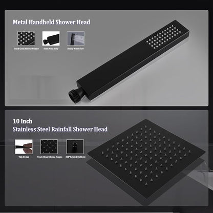 All Metal Rain Shower Head with Handheld Combo, YDmeet 10 Inch Rainfall Shower Head, Stainless Steel Hand Wand, 3 Setting Diverter, Adjustable Extension Arm w/Lock Joints, 71" Extra Long Hose, Black