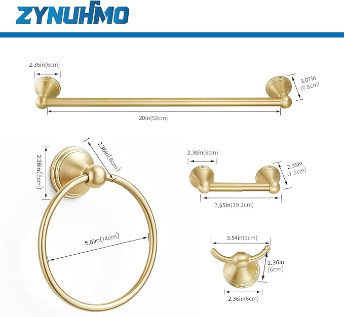 4-Piece Bathroom Hardware Accessories Kit, Zynuhmo Brushed Gold Towel Bar Set Wall Mounted with 20'' Towel Bar, Towel Ring & Toilet Paper Holder, Robe Hook Set Fixtures for Modern Farmhouse Bathroom