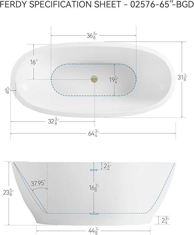 FerdY Koh Samui 65" Freestanding Bathtub, Elegant Oval Shape, Double Walled Insulation Bathtub with Center Brushed Gold Drain & Minimalist Linear Design Overflow