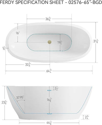 FerdY Koh Samui 65" Freestanding Bathtub, Elegant Oval Shape, Double Walled Insulation Bathtub with Center Brushed Gold Drain & Minimalist Linear Design Overflow
