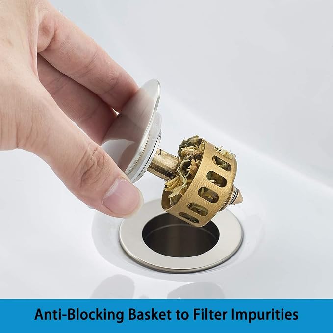 Bathroom Sink Drain with Strainer Basket Hair Catcher Anti-Explosion Anti Clog Pop Up Drain Stopper Vanity Vessel Sink with Overflow, Brushed Nickel