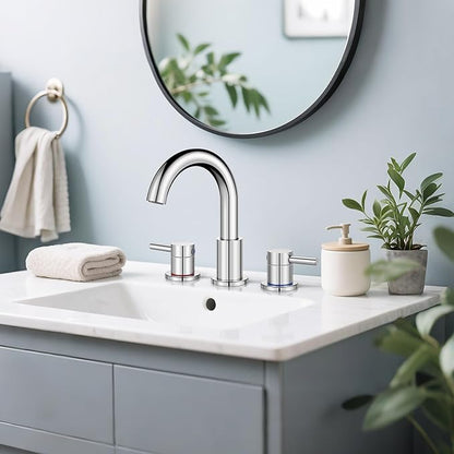 Bathroom Faucet 3 Hole, Chrome Bathroom Sink Faucet with Pop Up Drain, 8 inch Widespread Bathroom Faucet with 360° Swivel Spout, 2 Handle Vanity Faucet with Water Supply Hoses