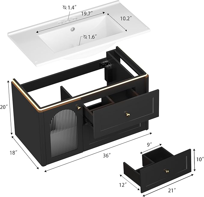 36 inch Floating Bathroom Vanity with Sink, Soft-Close Storage Cabinet and 2 Drawers, Wall-Mounted Modern LED Bathroom Cabinet with Ceramic Integrated Sink, Black