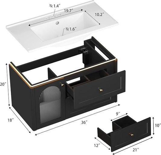 36 inch Floating Bathroom Vanity with Sink, Soft-Close Storage Cabinet and 2 Drawers, Wall-Mounted Modern LED Bathroom Cabinet with Ceramic Integrated Sink, Black