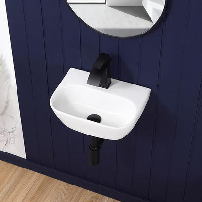 Small Vessel Sink 17"x12" Wall Mount Bathroom Sink Wall Mounted Oval Wall Hung Mini White Porcelain Ceramic Floating Tiny Sink,Easy Install, Durable, Space-Saving, Ideal for Home,RV