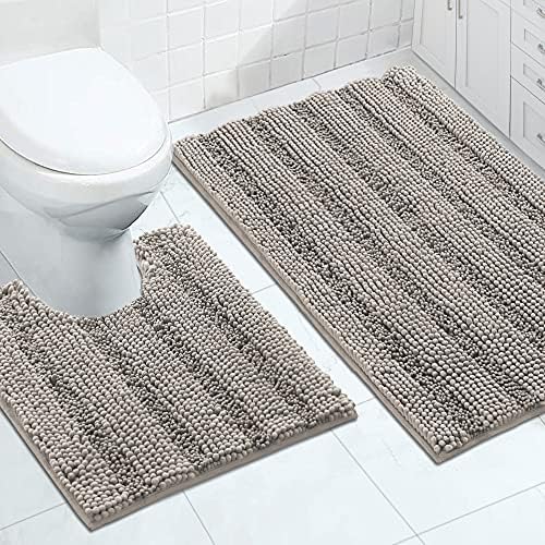 2-Piece Bathroom Rug Set with U-Shaped Mat, Soft Absorbent Chenille, Taupe