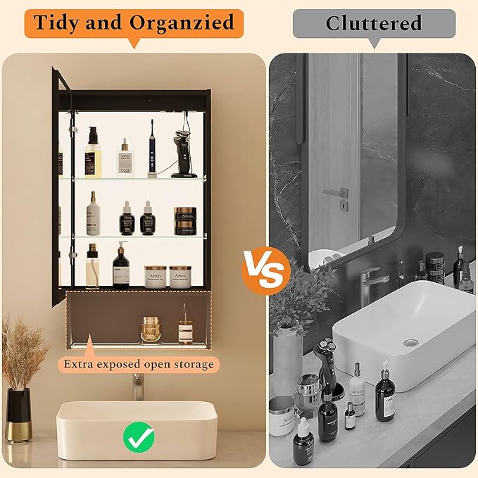 20"×34" Lighted Medicine Cabinet with Mirror Adjustable Brightness 3 Color Temperature Lighting Anti-Fog Sturdy Aluminum led Medicine Cabinet Mirror 2 Socket & 2 USB Ports & Adjustable Shelf