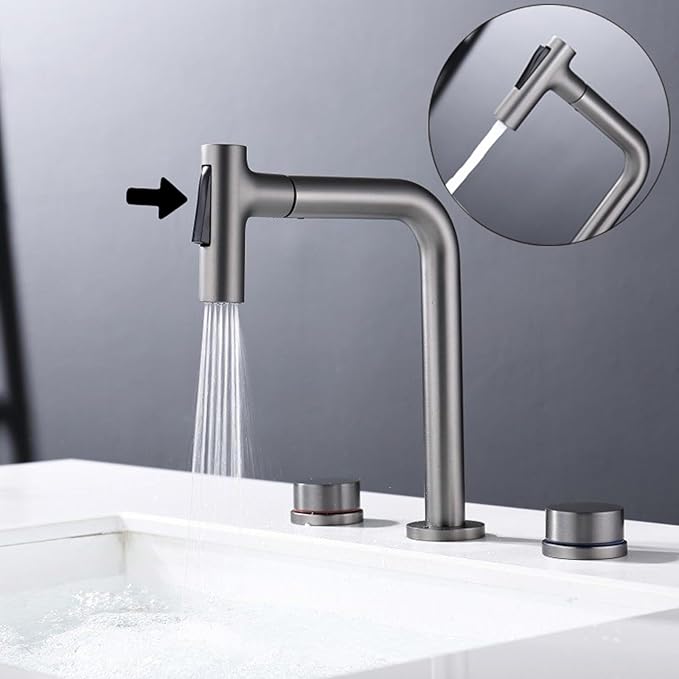 BiaoTeng Bathroom Faucets for Sink 3 Hole Pull Out 2 Functions with 360° Swivel Hot and Cold Brass 2 Handle Faucet for Bathroom Sink Pull Down Grey