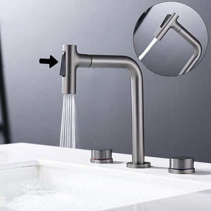 BiaoTeng Bathroom Faucets for Sink 3 Hole Pull Out 2 Functions with 360° Swivel Hot and Cold Brass 2 Handle Faucet for Bathroom Sink Pull Down Grey