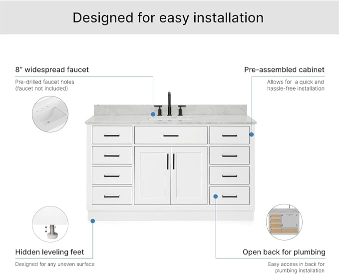 ARIEL Hepburn 60-inch Bathroom Vanity with Sink,Solid Wood, 0.75-inch Italian Carrara Marble Countertop, Single Rectangular Porcelain Sink, 2 Soft Closing Doors, 9 Dovetail Drawers, White