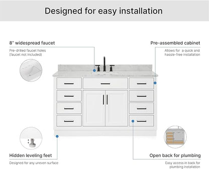 ARIEL Hepburn 60-inch Bathroom Vanity with Sink,Solid Wood, 0.75-inch Italian Carrara Marble Countertop, Single Rectangular Porcelain Sink, 2 Soft Closing Doors, 9 Dovetail Drawers, White