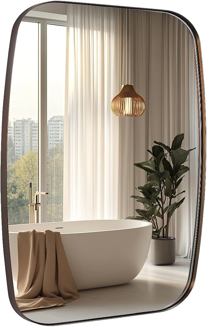 Brushed Bronze Bathroom Mirror, 24x30 Oblong Mirror with Stainless Steel Metal Frame, Oval Vanity Mirror for Over Sink, Modern Anti Rust Wall Mounted