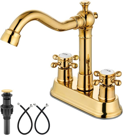 4 Inch Centerset Bathroom Sink Faucet 2 H&C Handle Polish Gold | Swivel Spout,Hot&Cold Label Cross Handle,Pop Up Drain,cUPC Hose,SUS304,for 2 or 3 Hole Sink,Lavatory,Vintage,Farmhouse,RV