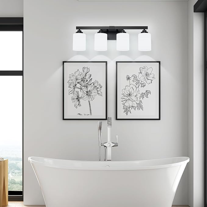 Bathroom Light Fixtures, Vanity Light Over Mirror Black 4-Light Fixture | Modern bathroom vanity light fixture with metal frame, ideal for mirrors, bedrooms and hallways. Fits E26 bulbs.
