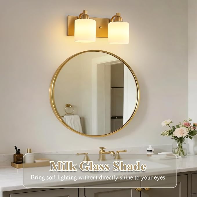 Mecgirn Stainless Steel Milk Glass Vanity Lights for Bathroom, 2 Light Brass Bathroom Light Fixtures Over Mirror, Ceramic E26 Sockets Wall Mounted