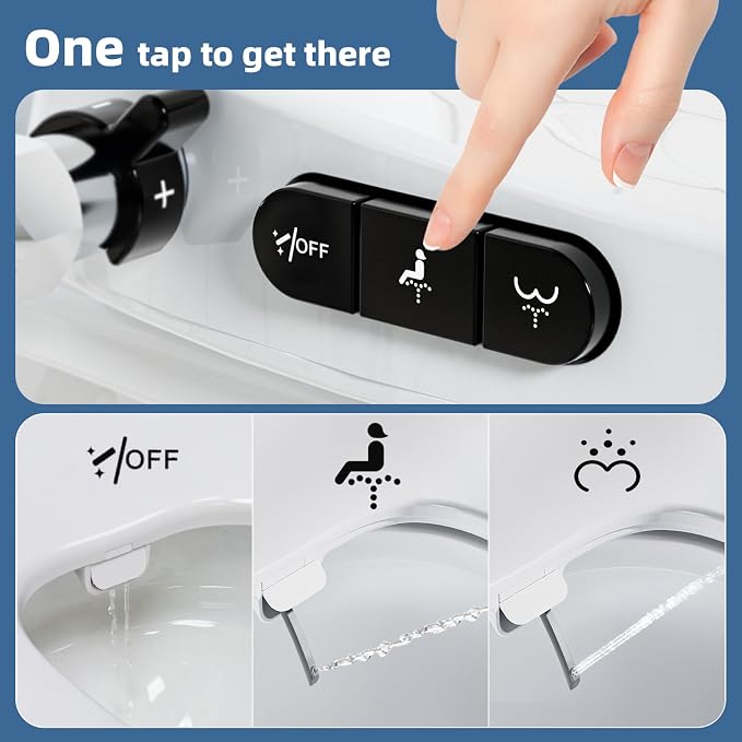 Bidet Toilet Seat, Soft Close Toilet Seat, Button control Feminine/Posterior Wash Switch, Knob Control Water Pressure,White Bidet Seat Attachment with Brass inlet (Elongated-D)