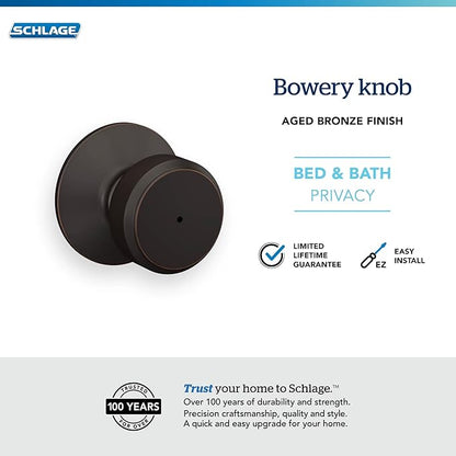 Schlage F40 BWE 716 Bowery Door Knob, Bed & Bath Privacy Lock, Aged Bronze