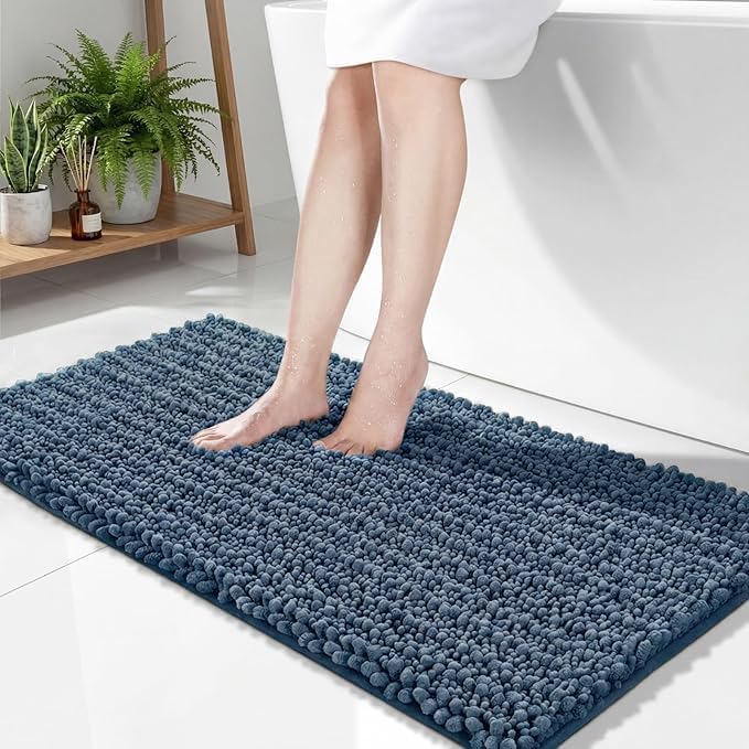 Disolla Blue Bathroom Rug 24x44 Inch - Thick Chenille Bath Mat, Large Shaggy Plush Absorbent Rug, Non-Slip Machine Washable Floor Mat for Double Vanity