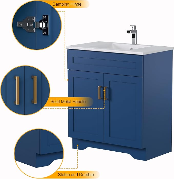 30 Inch Bathroom Vanity, Wooden Double Door Bathroom Sink Storage Cabinet, Freestanding Modern Bathroom Vanity Without Sink (Blue No Sink, 30")