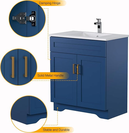 30 Inch Bathroom Vanity, Wooden Double Door Bathroom Sink Storage Cabinet, Freestanding Modern Bathroom Vanity Without Sink (Blue No Sink, 30")