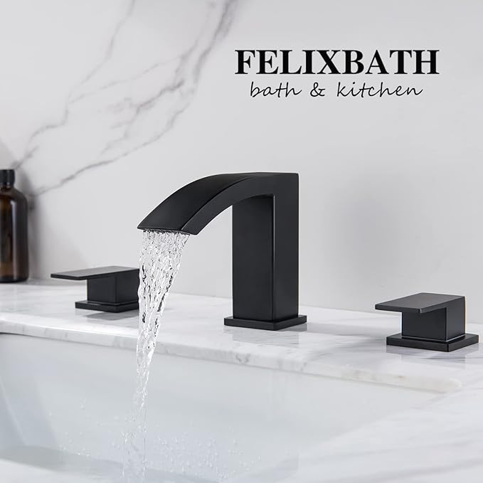 Waterfall Bathroom Sink Faucet, 3 Holes Two Handles Bathroom Faucet with Pop Up Drain and 2 Water Supply Lines, 8 inch Widespread Bathroom Sink Faucet Matte Black