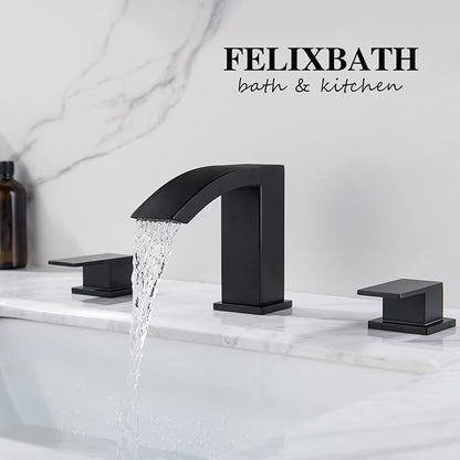 Waterfall Bathroom Sink Faucet, 3 Holes Two Handles Bathroom Faucet with Pop Up Drain and 2 Water Supply Lines, 8 inch Widespread Bathroom Sink Faucet Matte Black