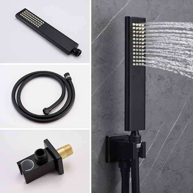 Iriber Matte Black Ceiling Mount Rain Shower System with 12 Inch Shower Head and Handheld Bathroom Square Shower Faucet Set Contain Shower Mixer and Trim Kit (Valve Included)