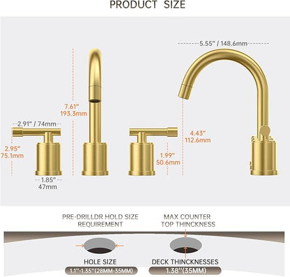 Phiestina Brushed Gold Bathroom Faucet Pull Down- 8 Inch Widespread 3-Hole with Pull-Out Sprayer,Lead-Free Stainless Steel,Metal Pop-Up Drain,Water Supply Lines,2 Handles,WFZY01CL-BG