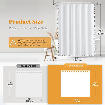 BTTN 84x72 Boho Scalloped Linen Textured Cloth Shower Curtain Set, White | Wide Size, 230GSM Waterproof Polyester, Heavy Duty Fabric, 14 Plastic Hooks, Elegant Modern Farmhouse Style, Machine Washable