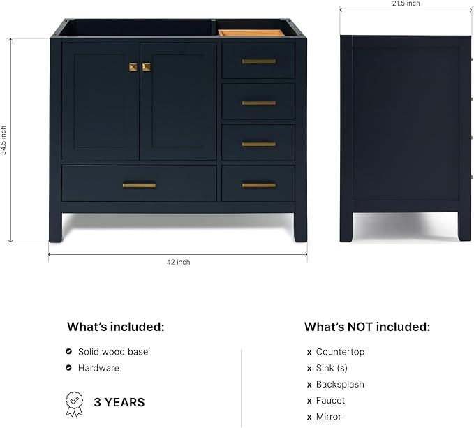 ARIEL Cambridge 42-inch Bathroom Vanity Base Cabinet,Solid Wood, 2 Soft Closing Doors, 5 Dovetail Drawers, Midnight Blue